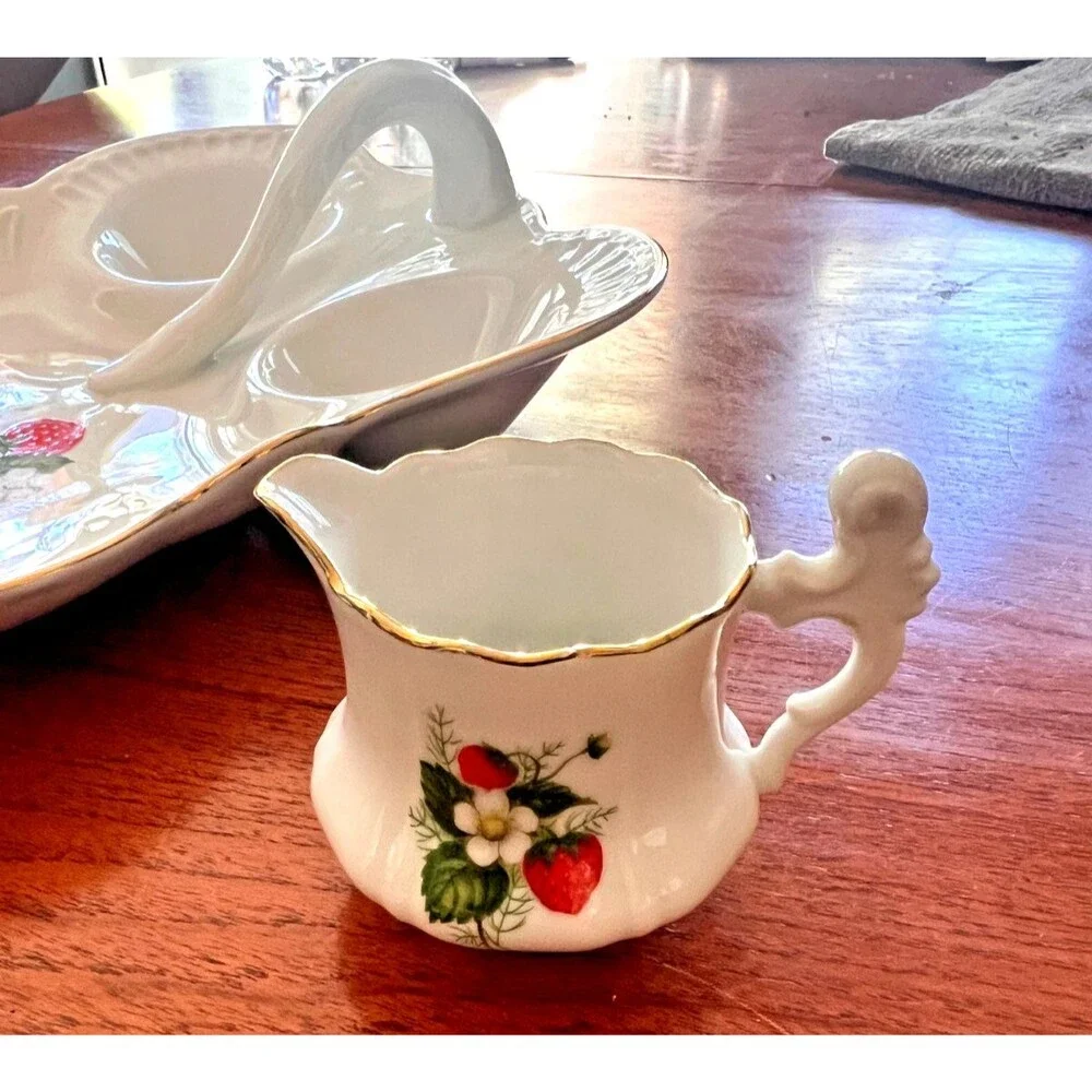 Vintage Gerold Porzellan Bavaria Strawberry Creamer Sugar Bowl Tray Set, West Ge